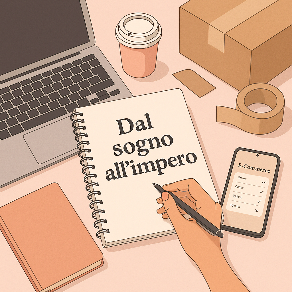 Workspace ordinato e femminile visto dall’alto, con laptop, caffè, pacchi e un taccuino con la scritta “Dal sogno all’impero”, simbolo della crescita di un e-commerce gestito da una donna.